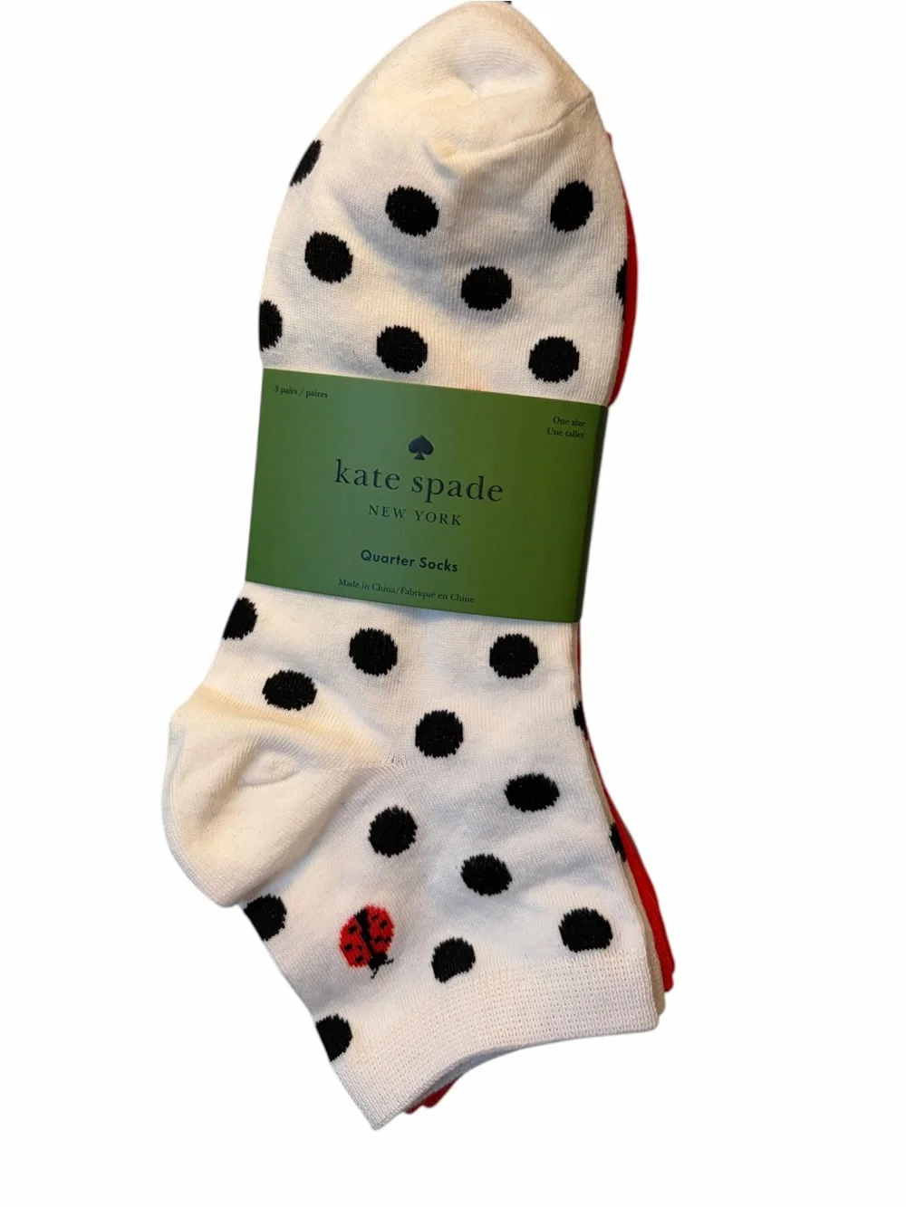 Kate Spade Lady Bug Polka Dot Red Black White 3 Pack Low Rise Quarter Socks
